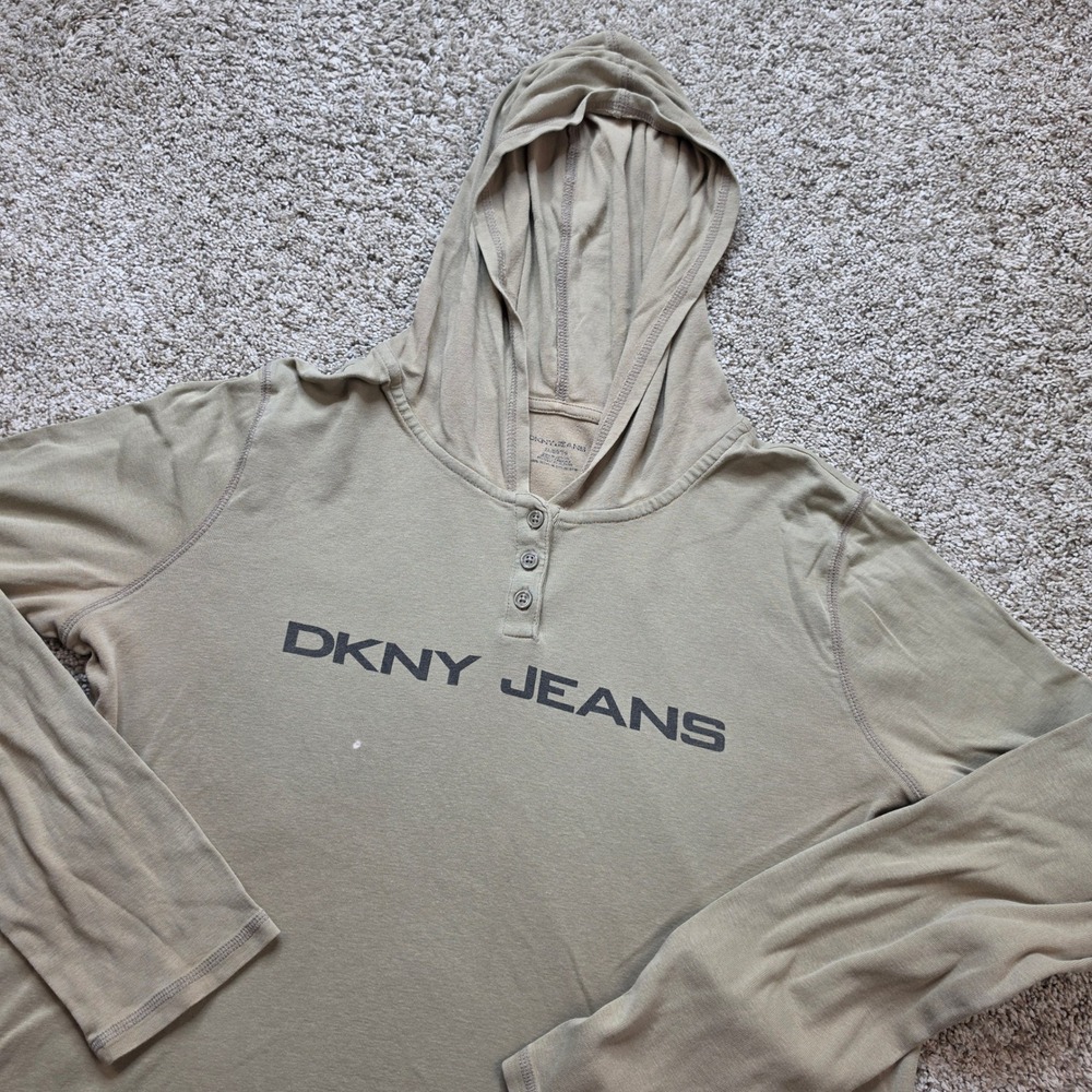 DKNY Jeans Hooded Henley Top Womens XL Tan Cotton Logo Long Sleeve Gorpcore